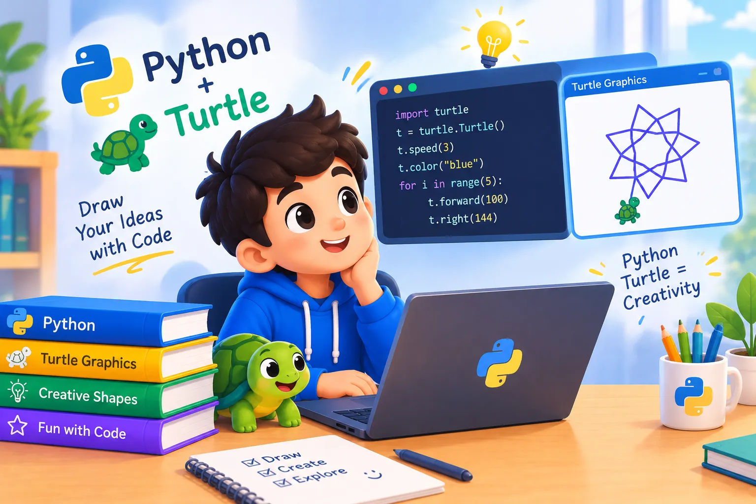 تصویر آموزش رسم شکل‌های رنگارنگ و الگوهای هندسی با Python و Turtle برای کودکان و نوجوانان
